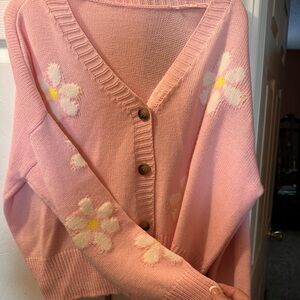 Pink Floral Button-Up Sweater